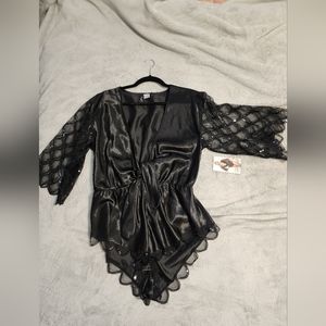 Dream Dreamgirl Black Satiny Romper with Lace & Sequim Sleeves Size Large